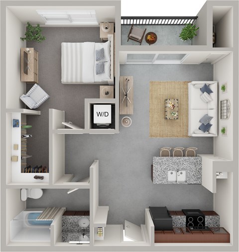Floor plan for 1 bed, 1 bath, 727 sqft